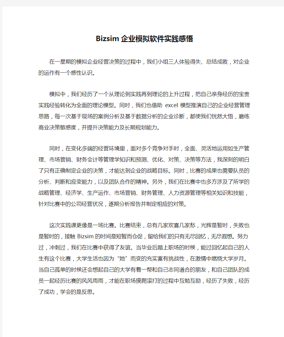 Bizsim企业模拟软件实践感悟