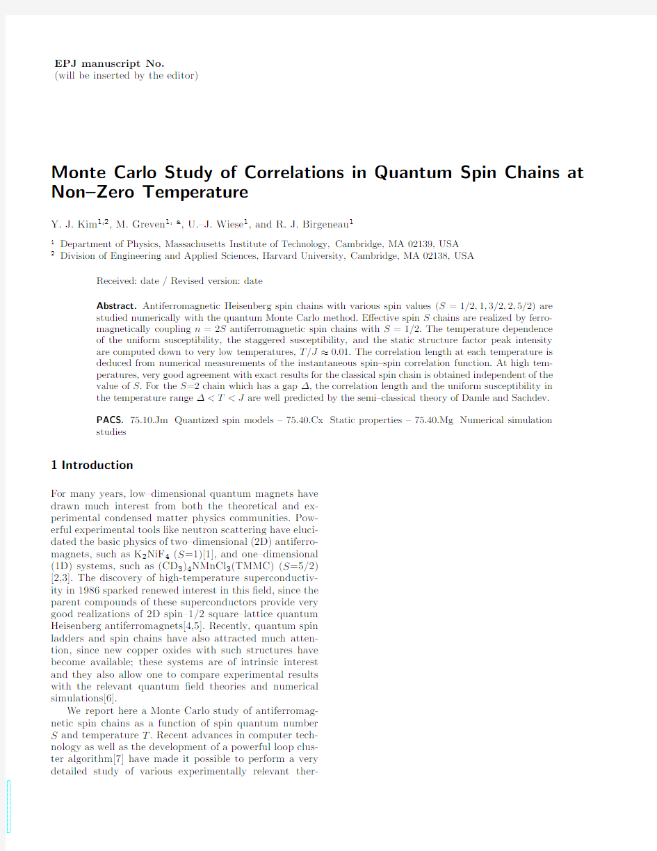Monte Carlo Study of Correlations in Quantum Spin Chains at Non-Zero Temperature