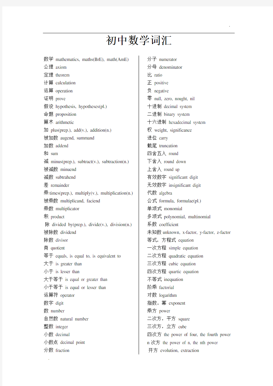 初中数学英语专业术语