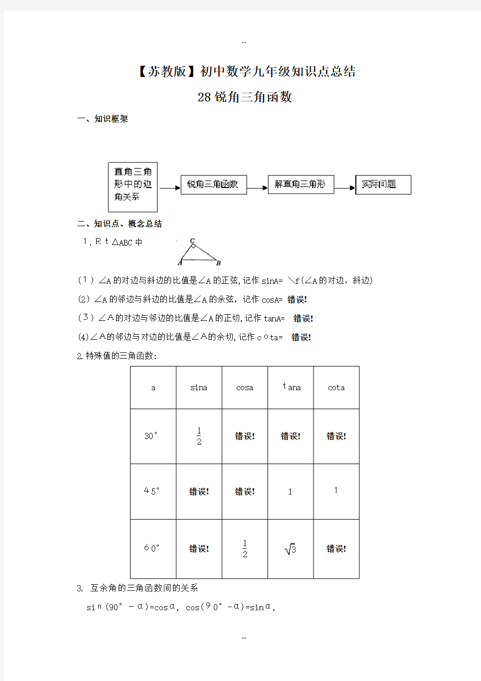 初中数学九年级锐角三角函数知识点总结