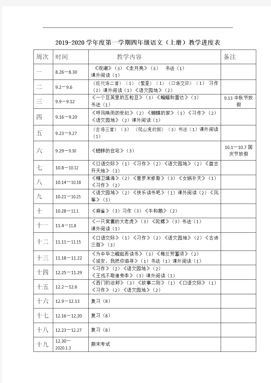 人教版四年级上册语文教学进度表