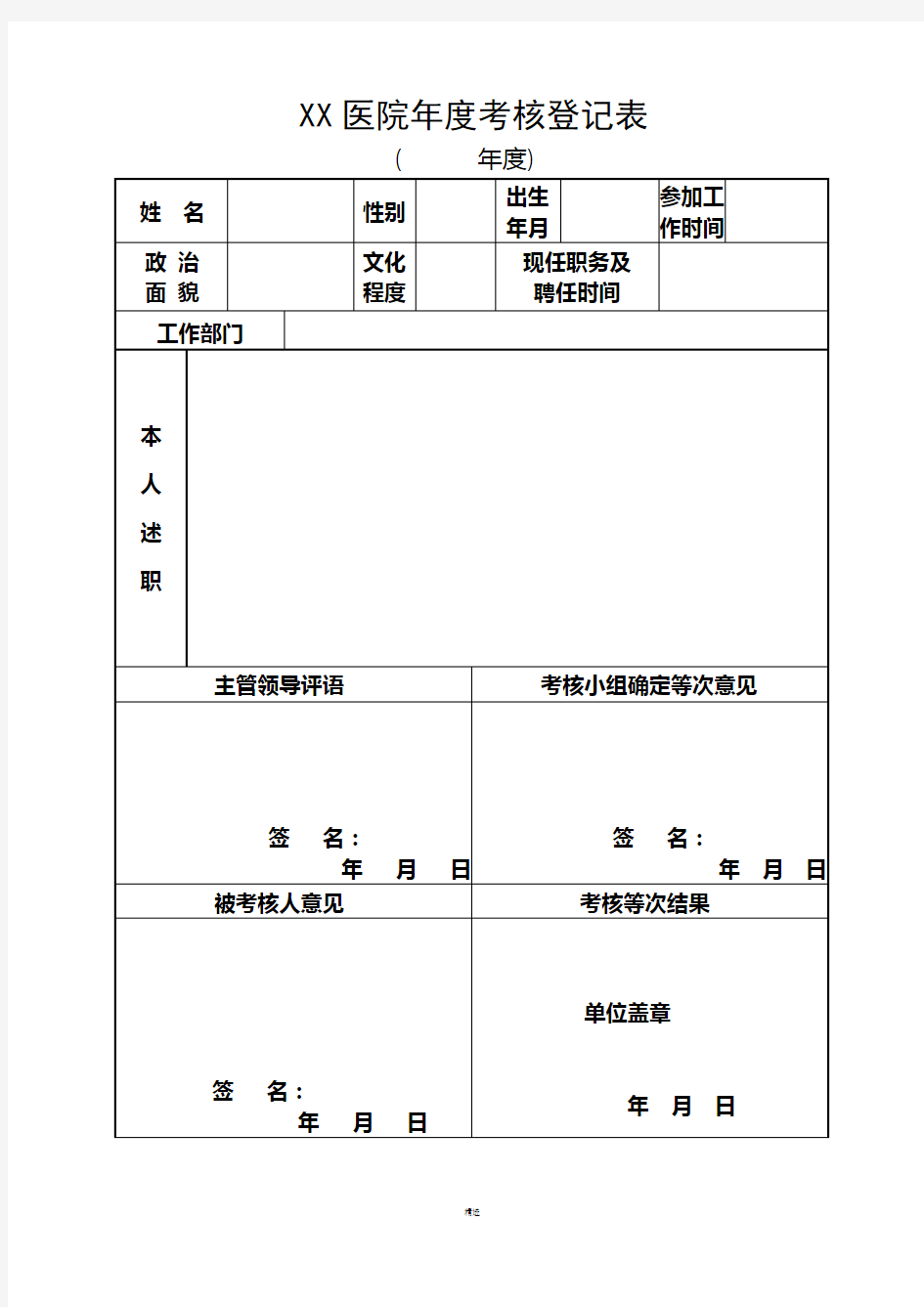 医院人员年度考核表