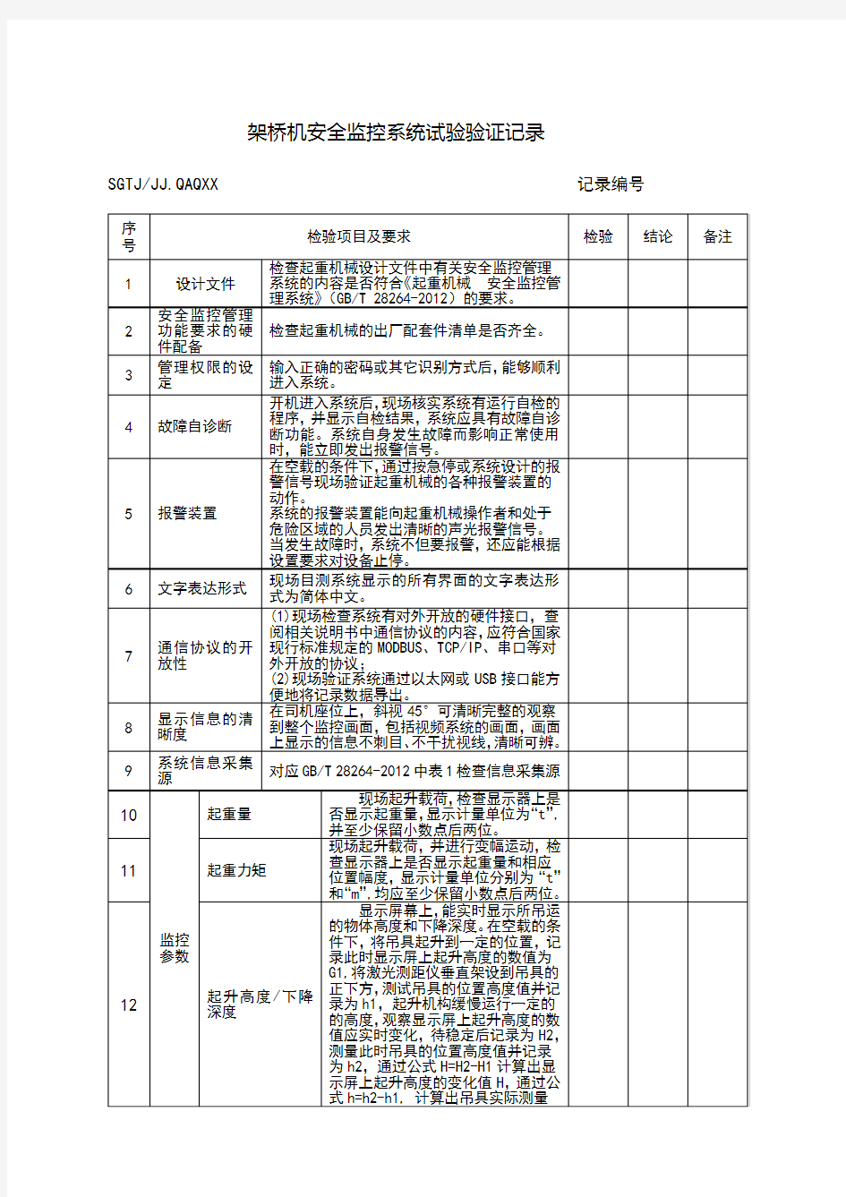 架桥机安全监控系统试验验证记录