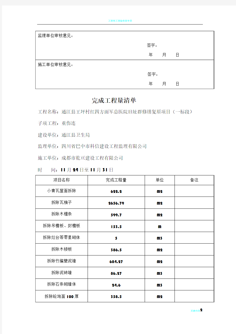 完成工程量清单统计表