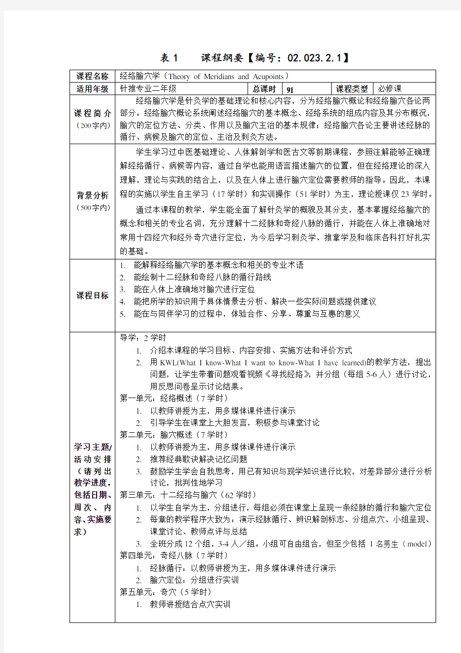 经络腧穴学课程纲要-上海中医药大学