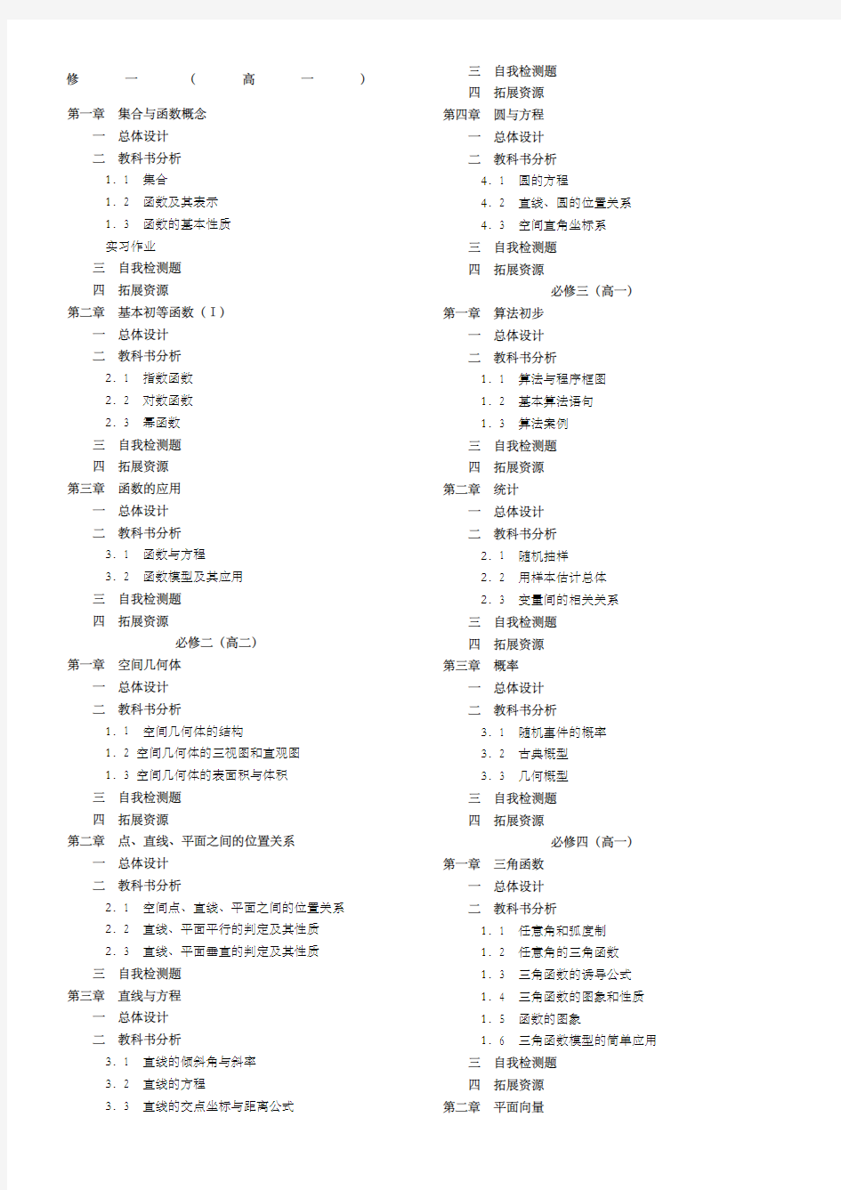 人教版高中数学必修 目录 