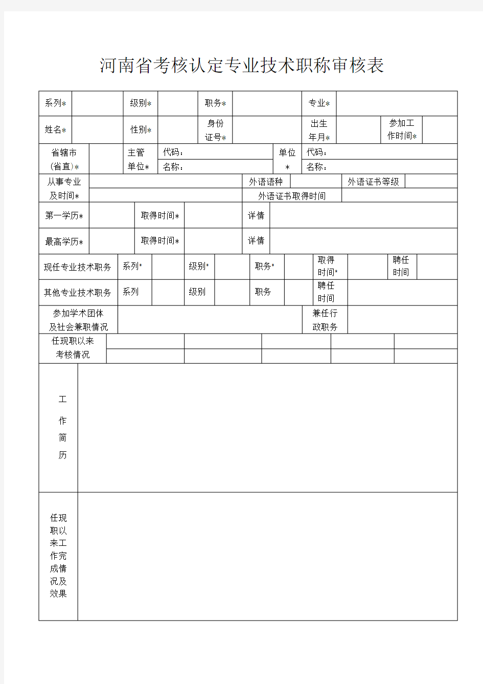 河南省考核认定专业技术职称审核表