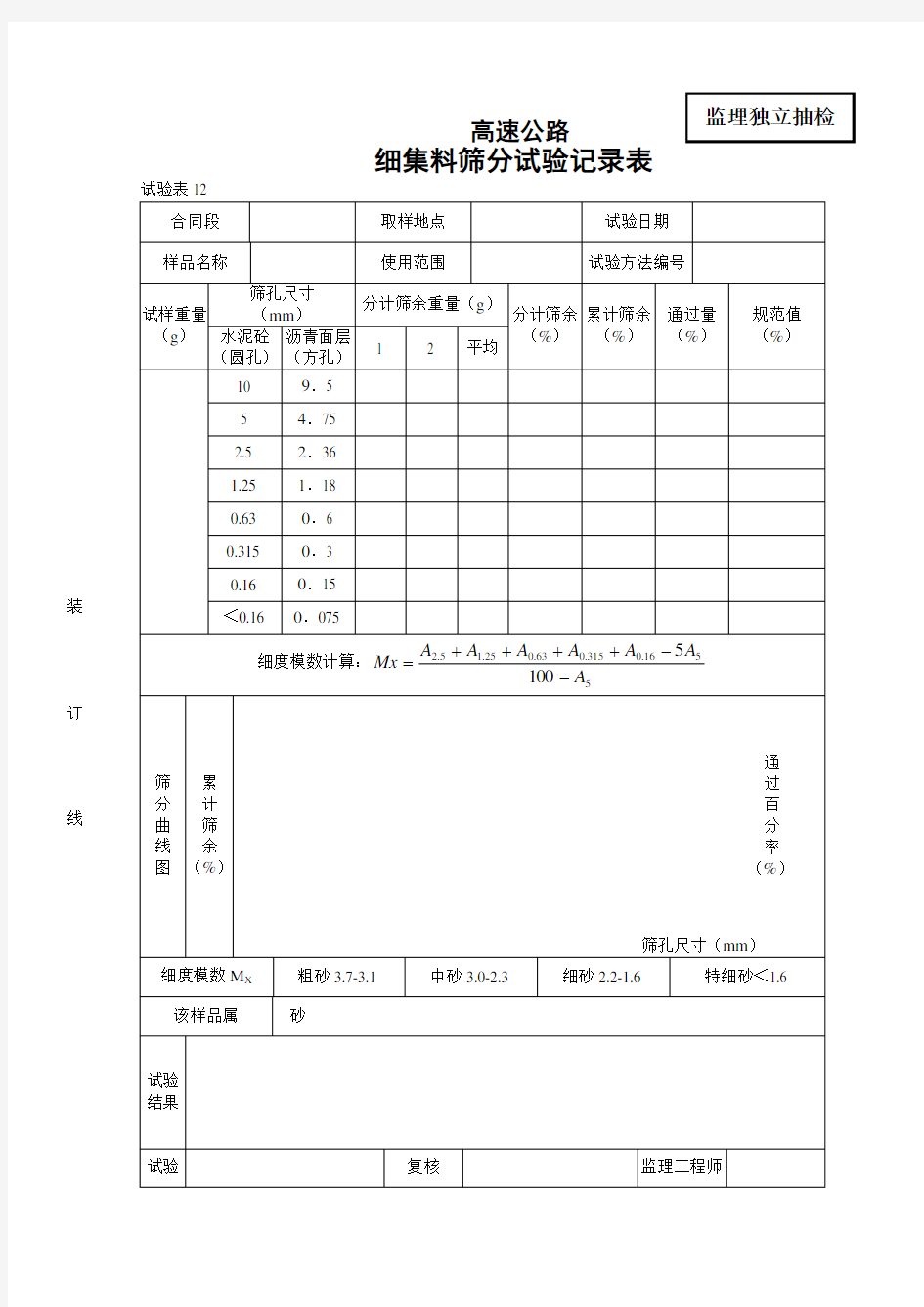 细集料筛分试验记录表