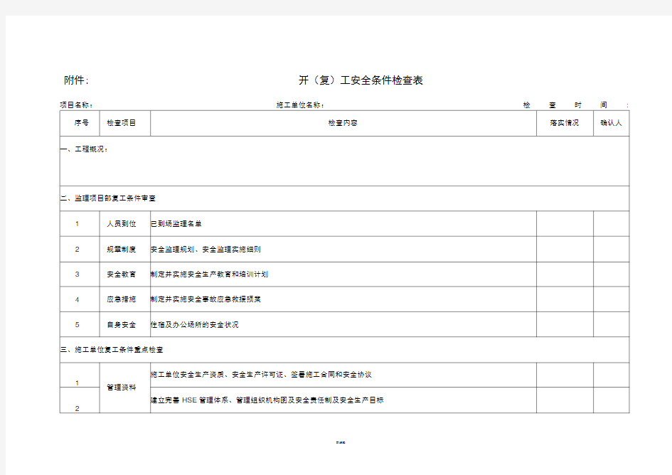 开复工安全条件检查表