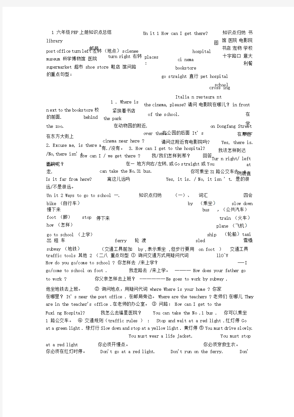 新人教版英语六年级上册知识点总结