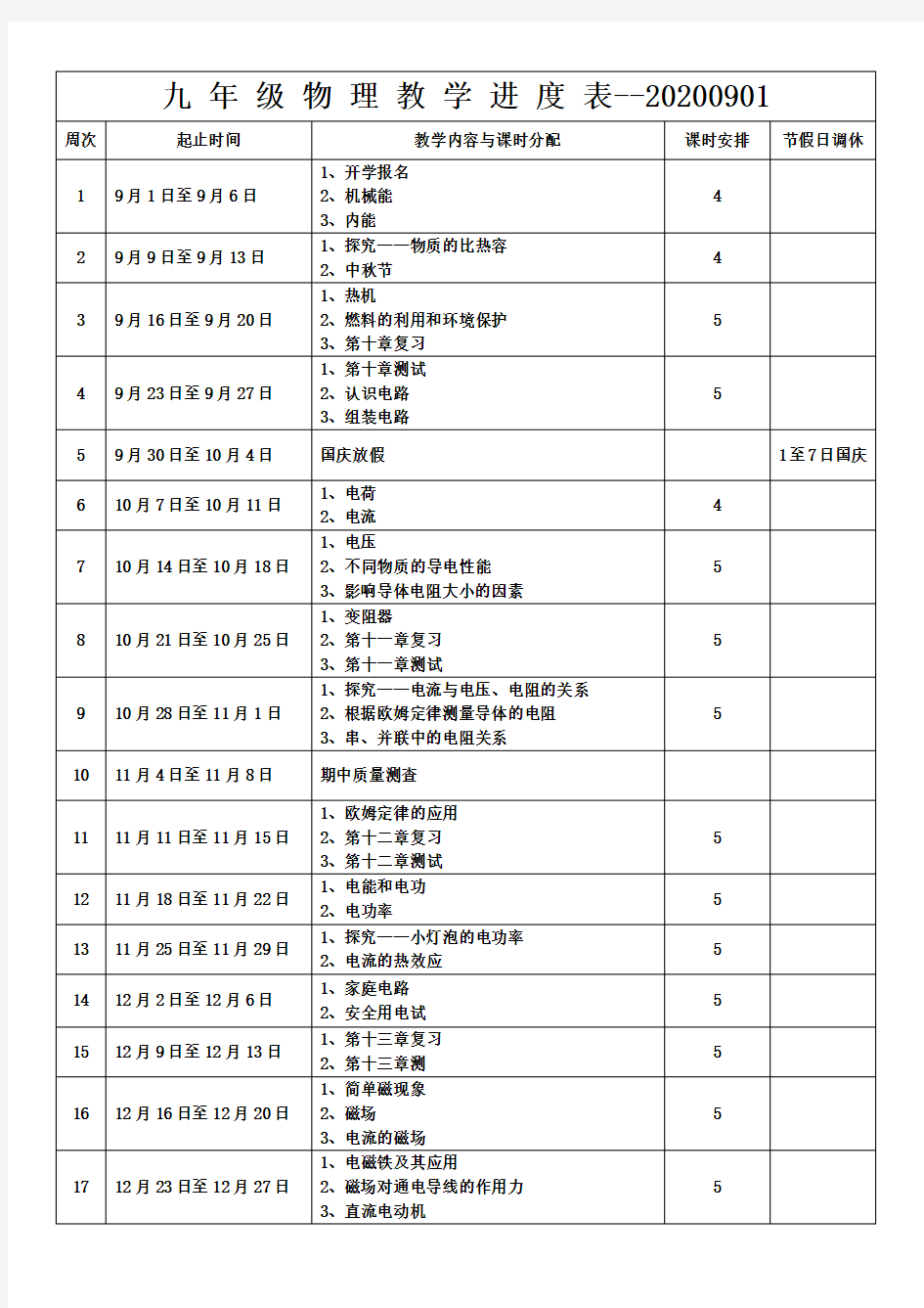 九年级物理教学进度表