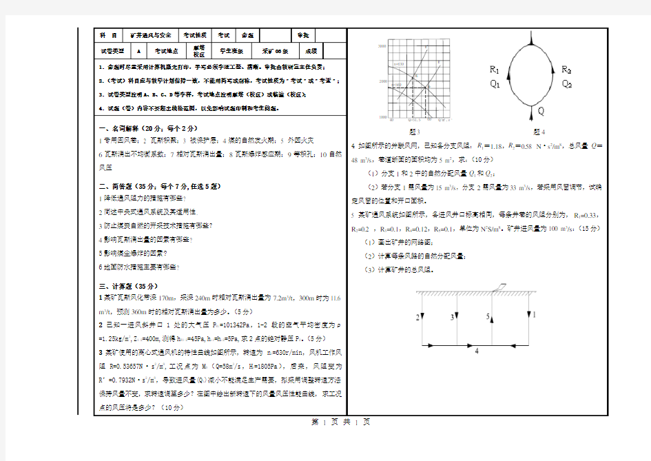 通风安全学期末考试题及参考答案