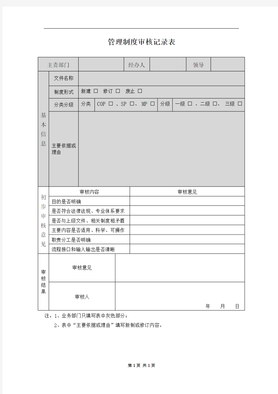 管理制度审核记录表模板