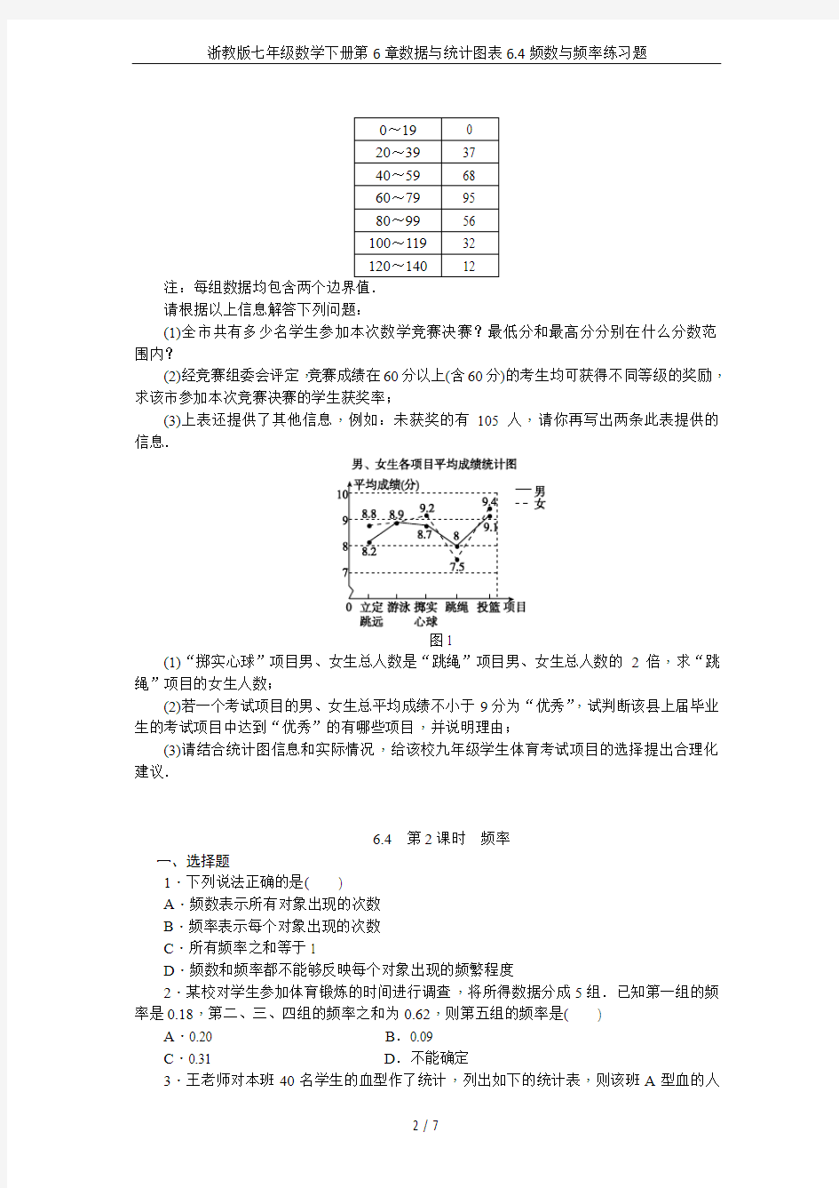 浙教版七年级数学下册第6章数据与统计图表6.4频数与频率练习题