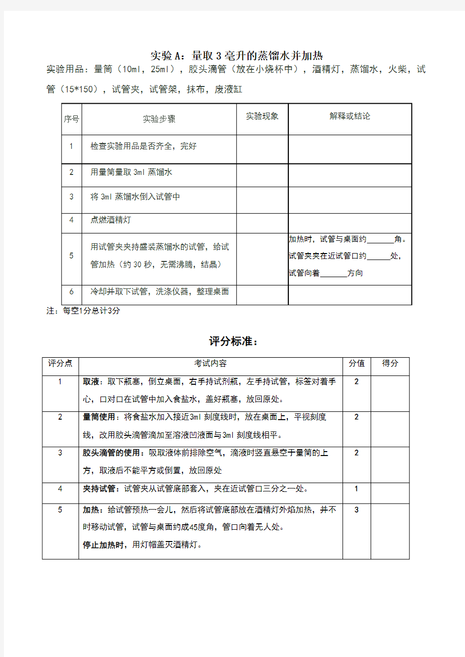 2018年六安市中考化学实验操作考试试题及实验报告评分标准(含步骤)