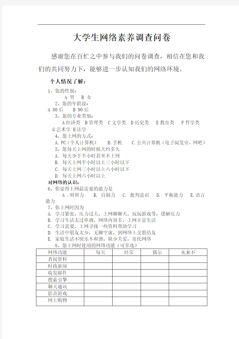 大学生网络素养的调查问卷