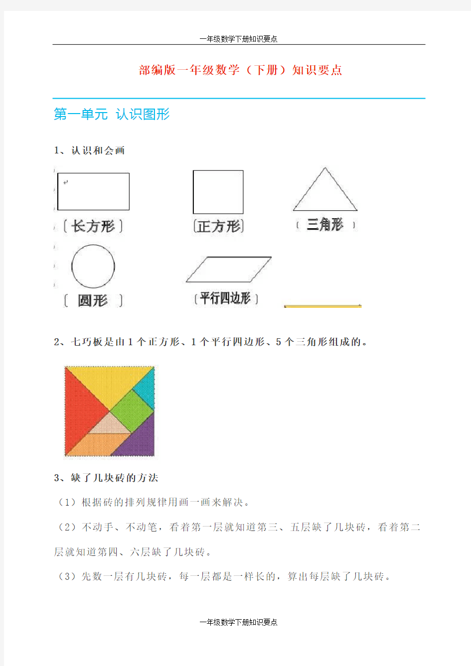 (完整)部编版一年级数学(下册)知识要点