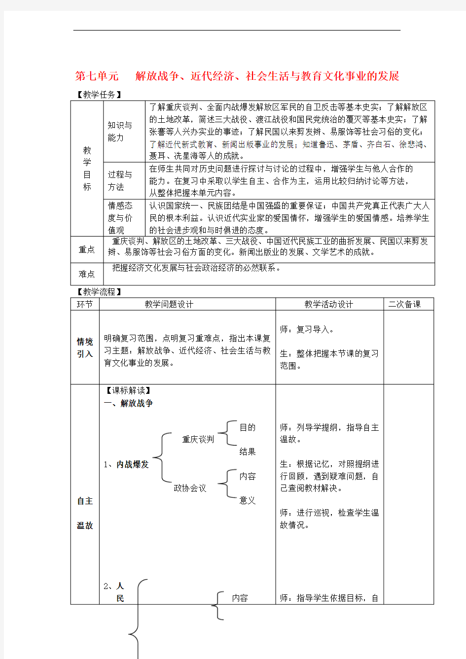 八年级历史上册 期末复习 第七、八单元 解放战争 近代经济、社会生活与教育文化事业的发展复习教案 新