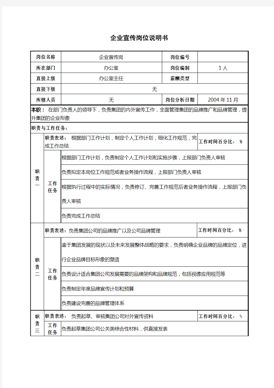 企业宣传岗位说明书