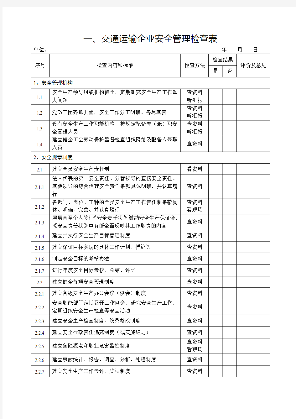 道路交通运输企业安全管理检查表