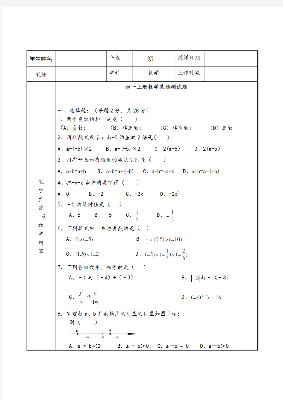 初一数学上册基础测试题