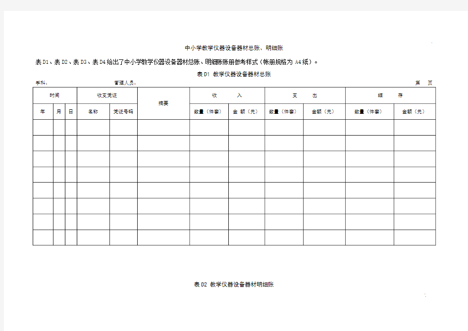 中小学教学仪器设备器材总账、明细账