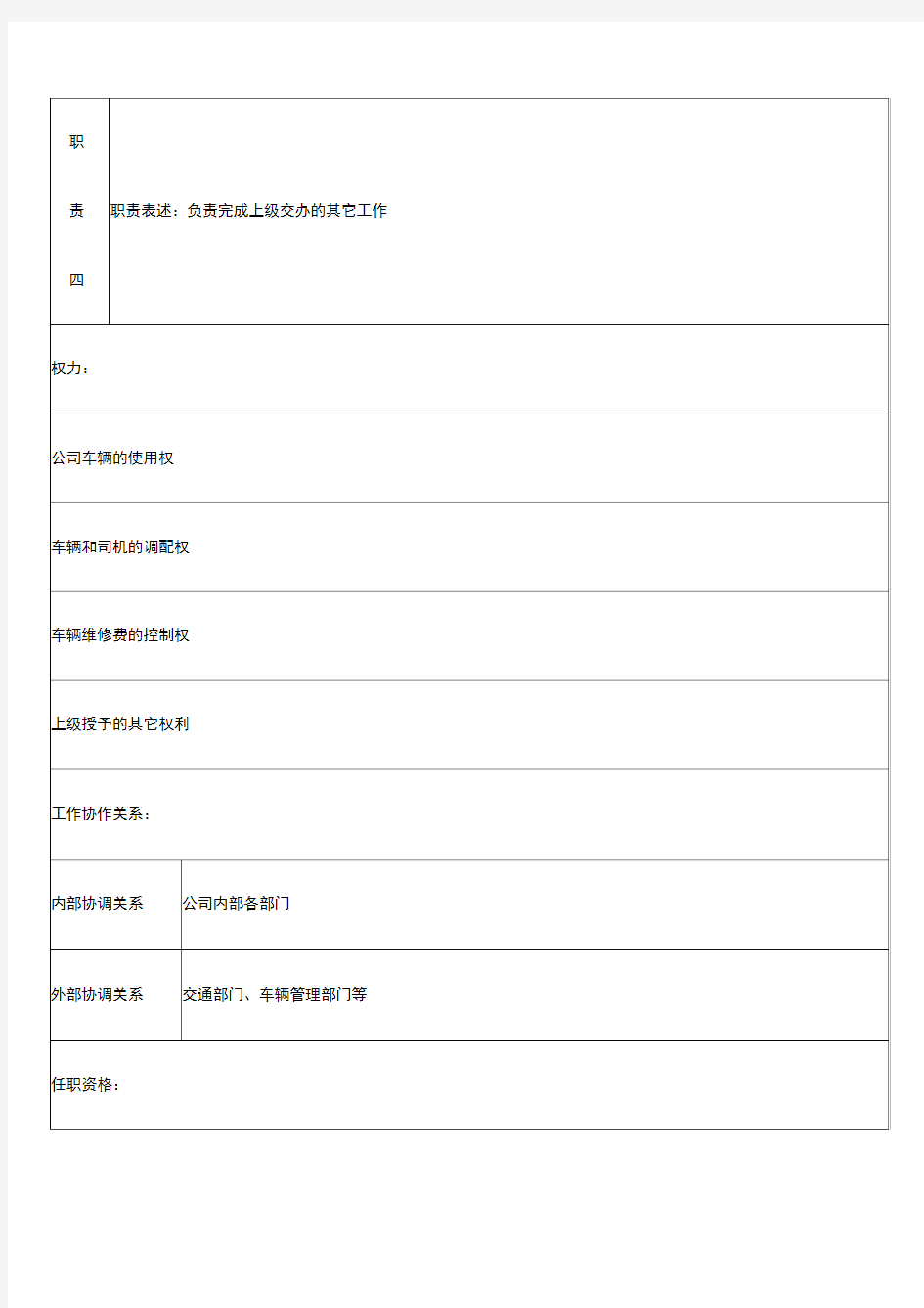 城市建筑发展司机班长职务说明书