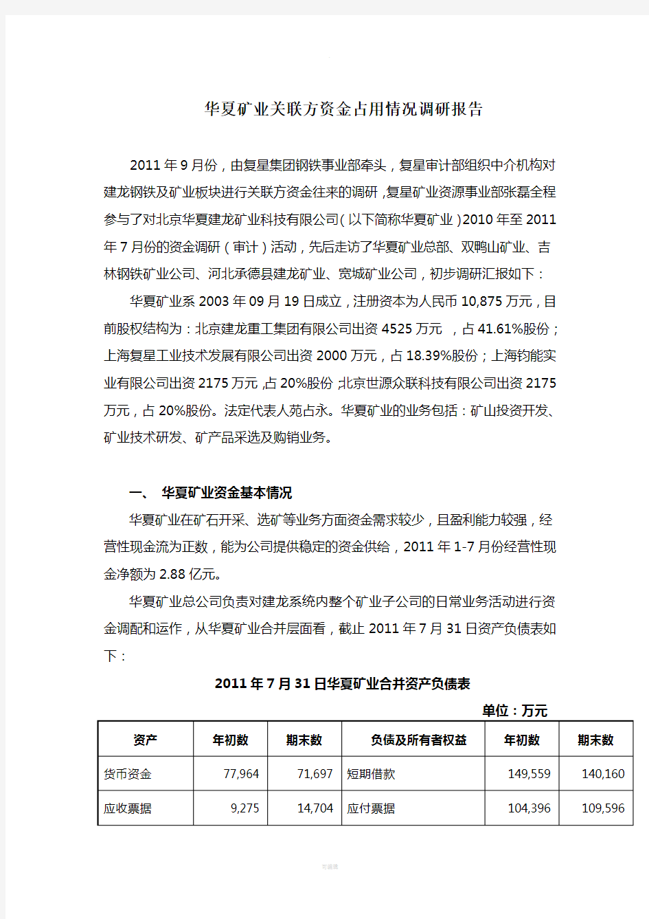 某企业关联方资金占用情况调研报告