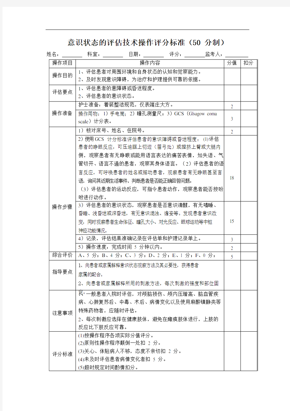 意识状态的评估技术操作评分标准(50 分制)