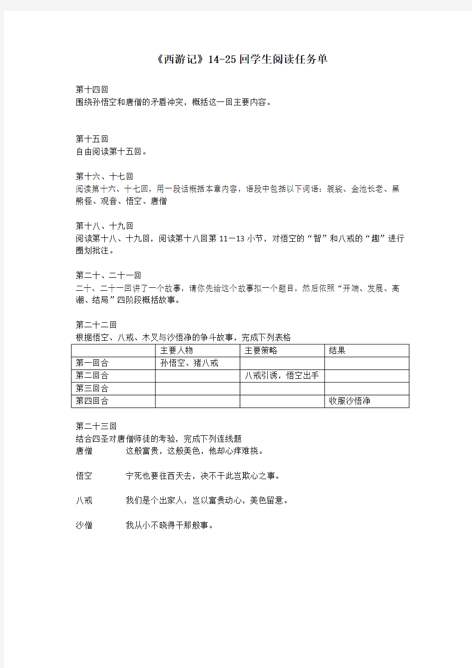 《西游记》14-25回学生阅读任务单