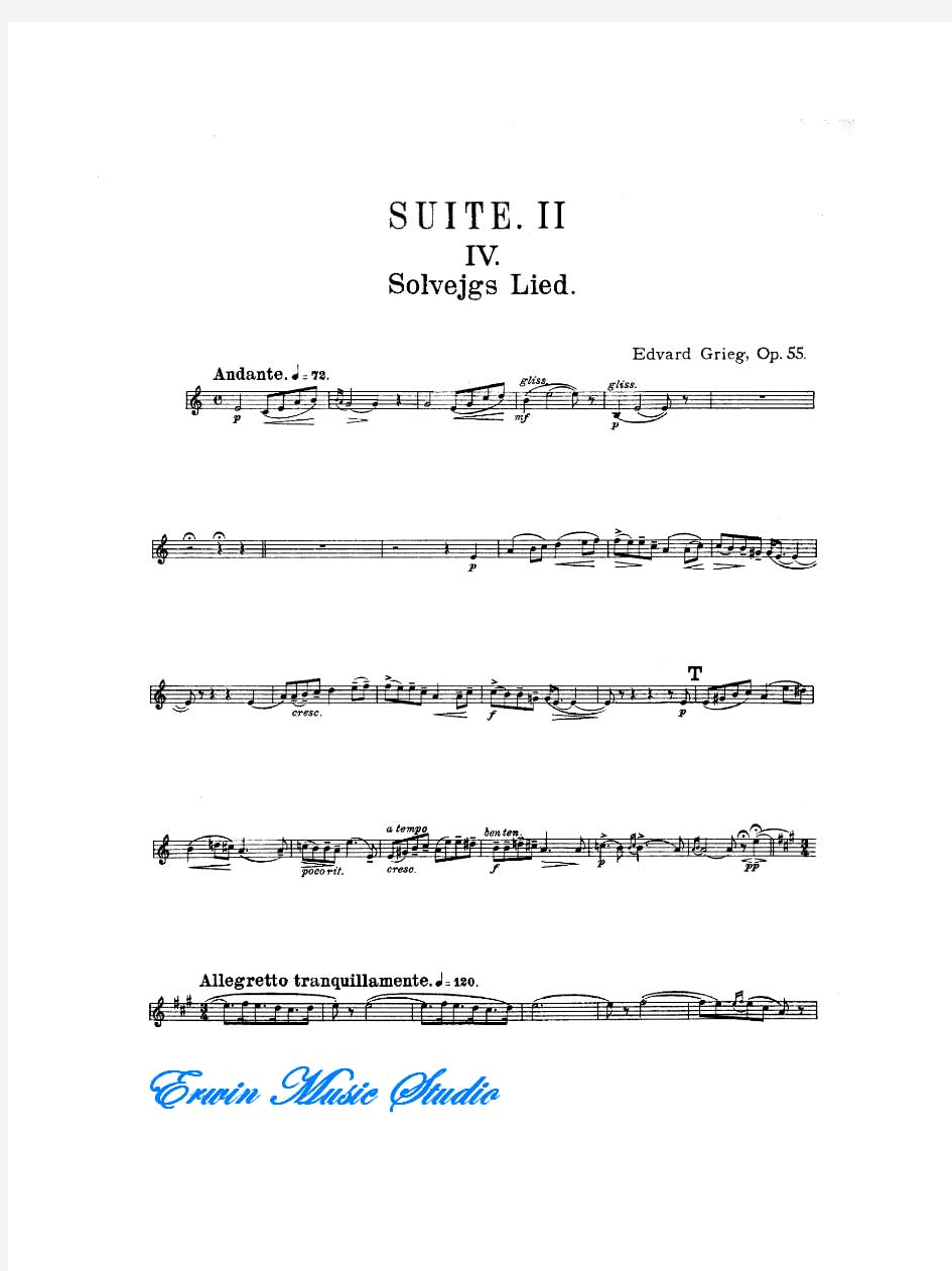 Violin爱德华格里格培尔金特第二组曲4.索尔维格之歌作品.55小提琴曲谱 钢琴伴奏曲谱EdvardGrieg,