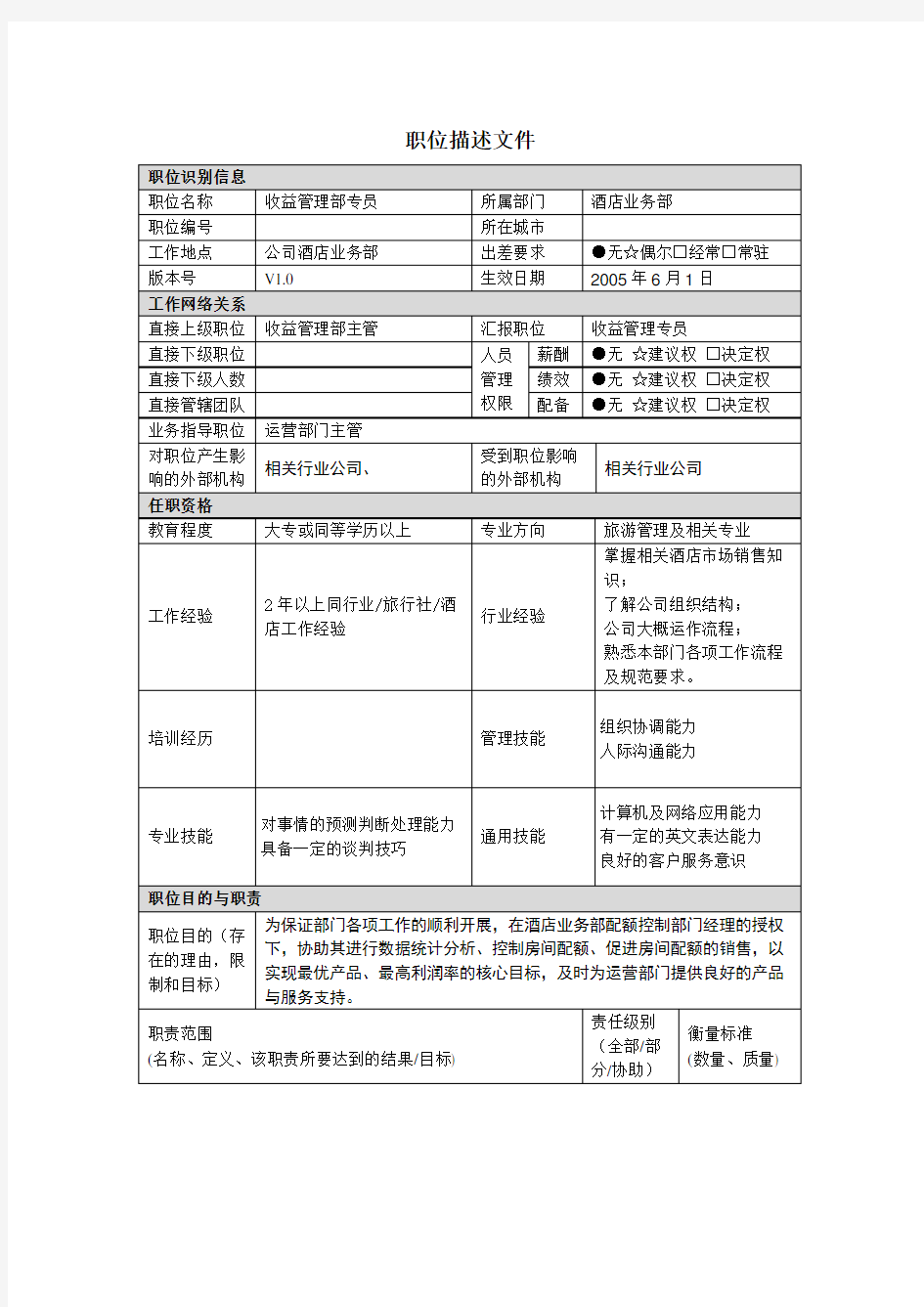 酒店收益管理部专员职位描述(doc 2页)