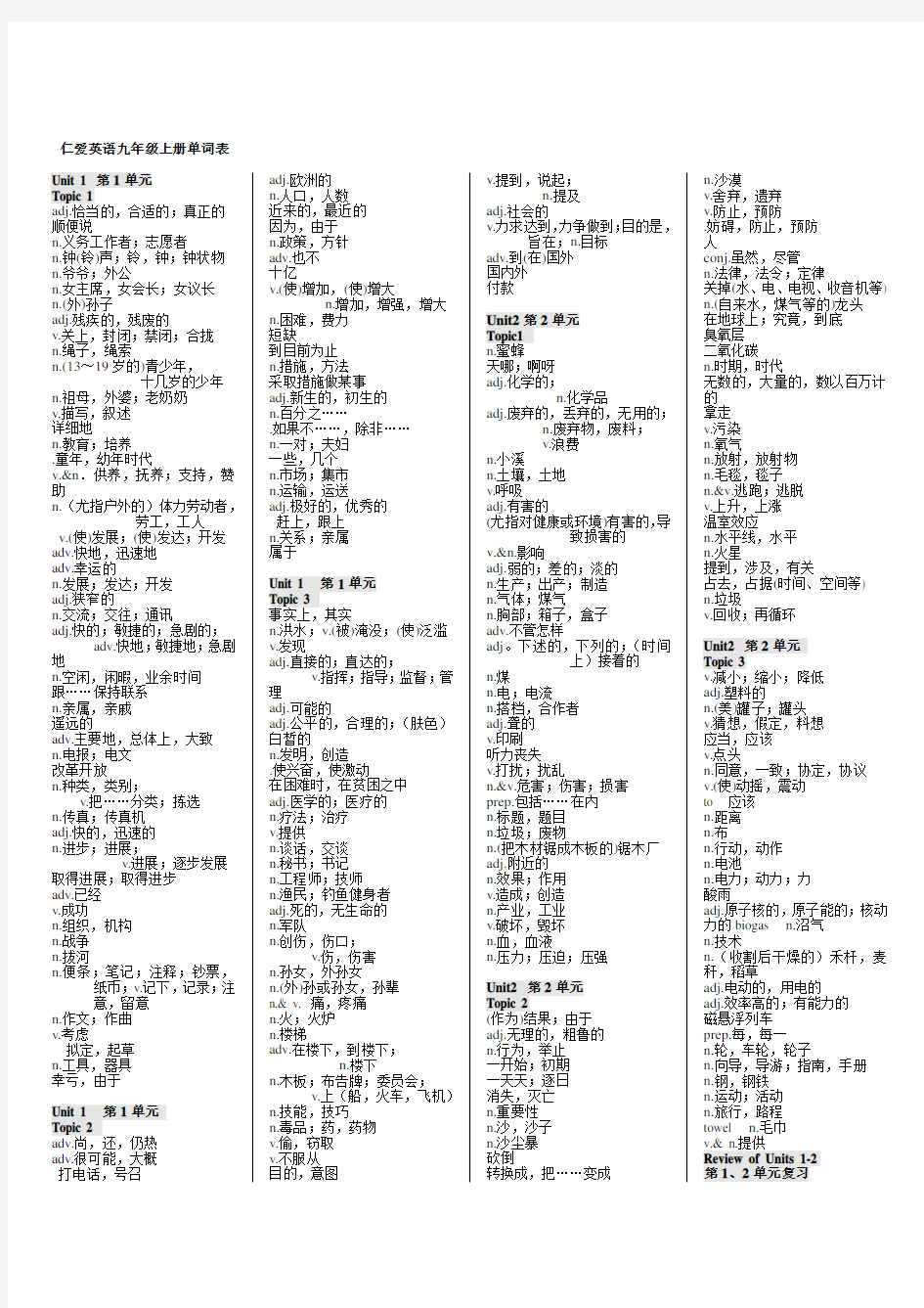 仁爱英语九年级上册单词表(中文)