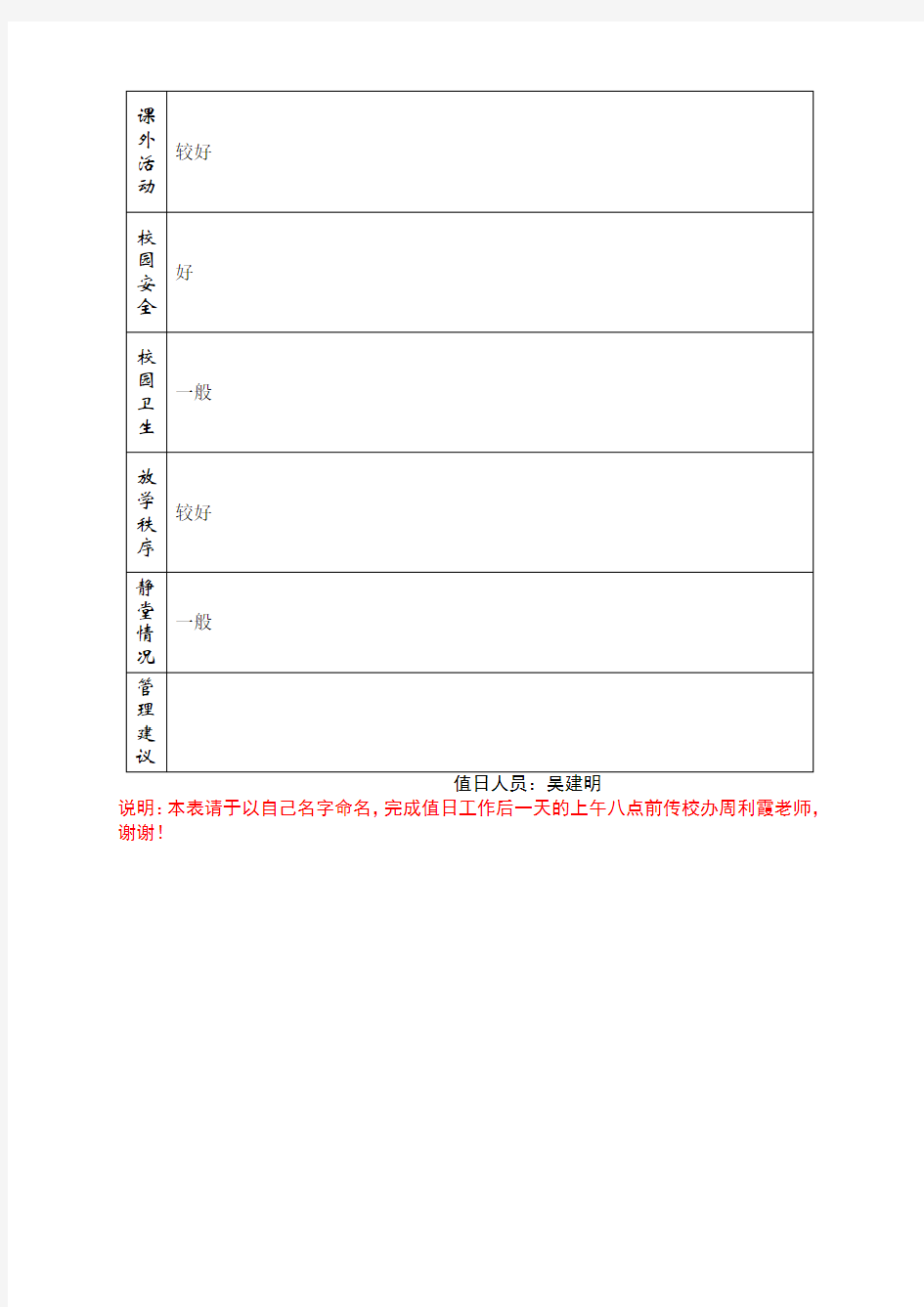 行政值日记录表(样张)