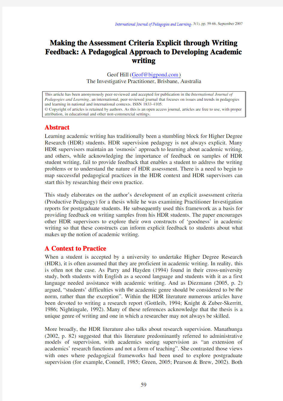 International Journal of Pedagogies and Learning, 3(1), pp. 59-66. September 2007 Making th