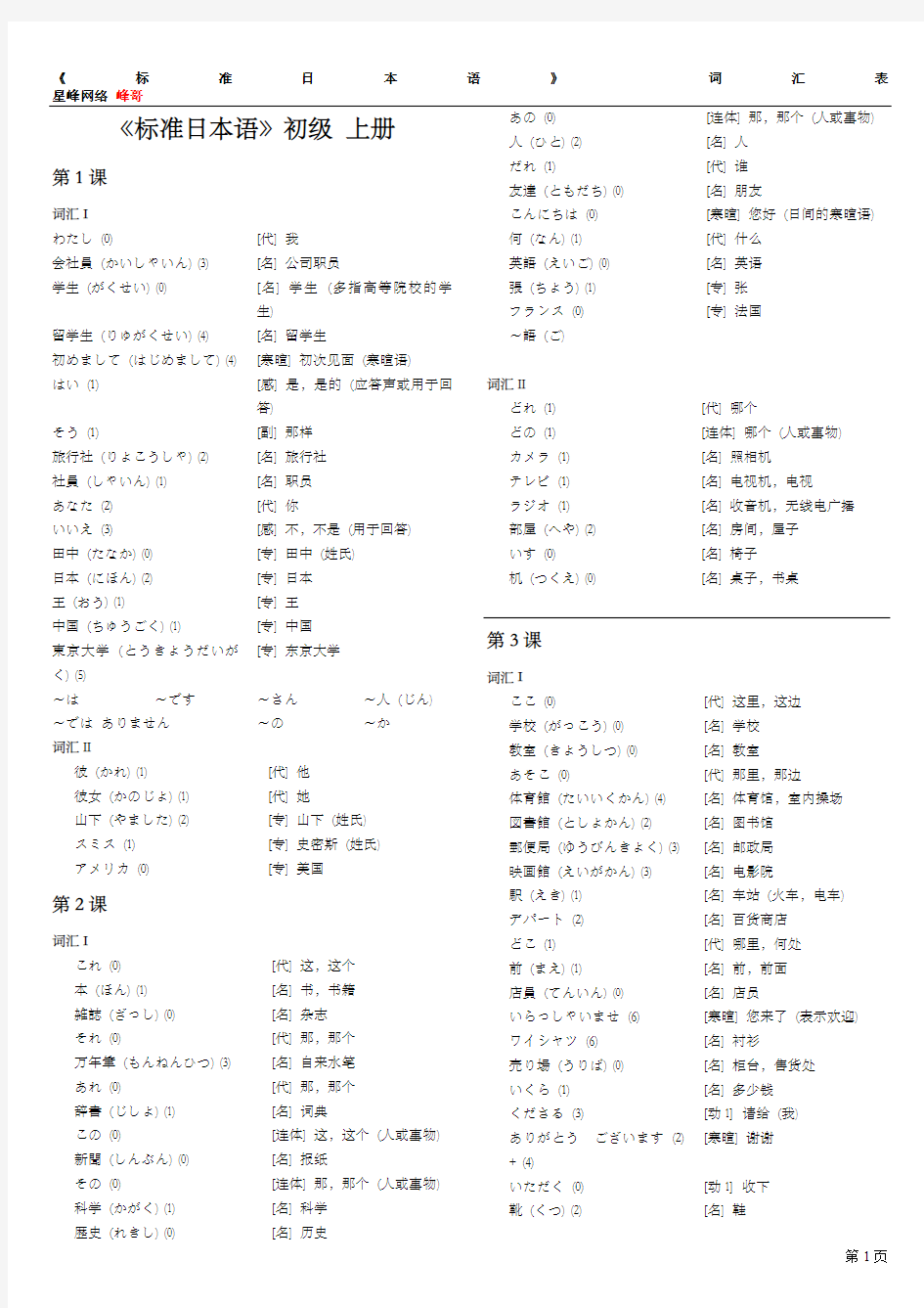 旧版《中日交流标准日本语-初级》词汇
