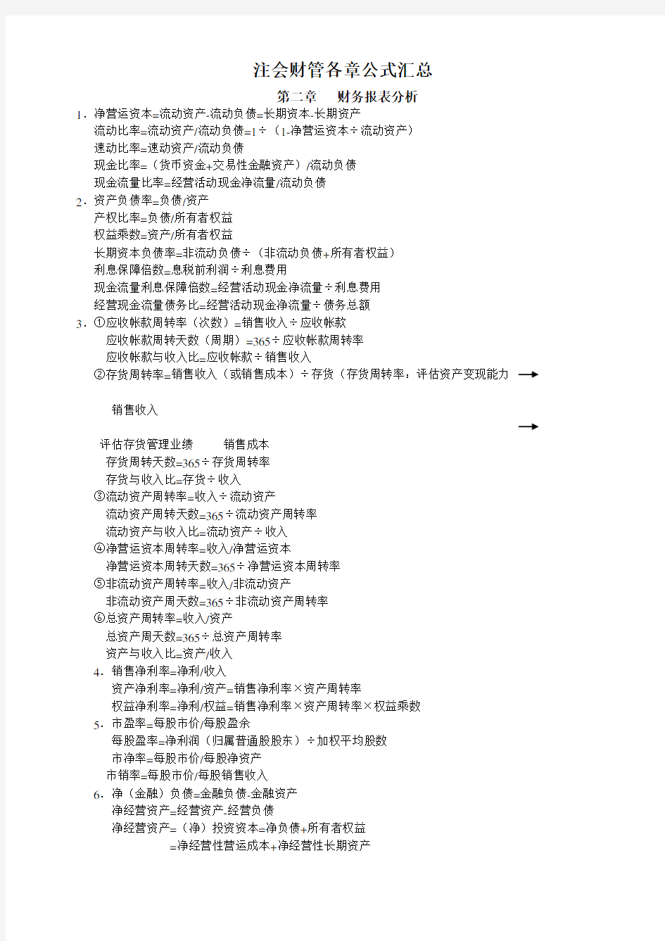 注册会计师考试-财管各章公式汇总