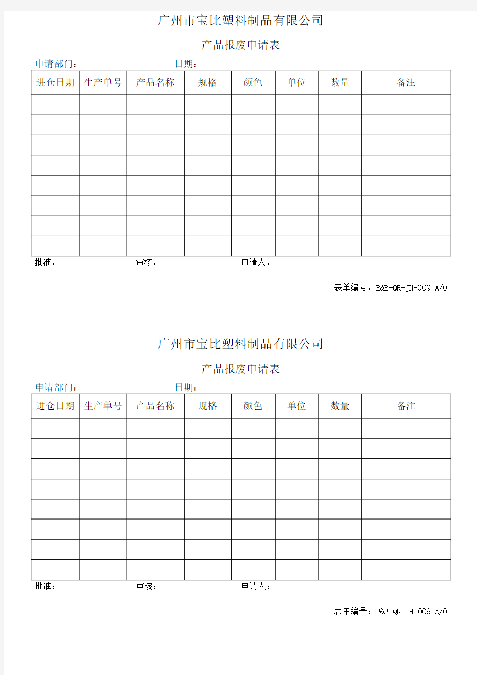 产品报废申请表