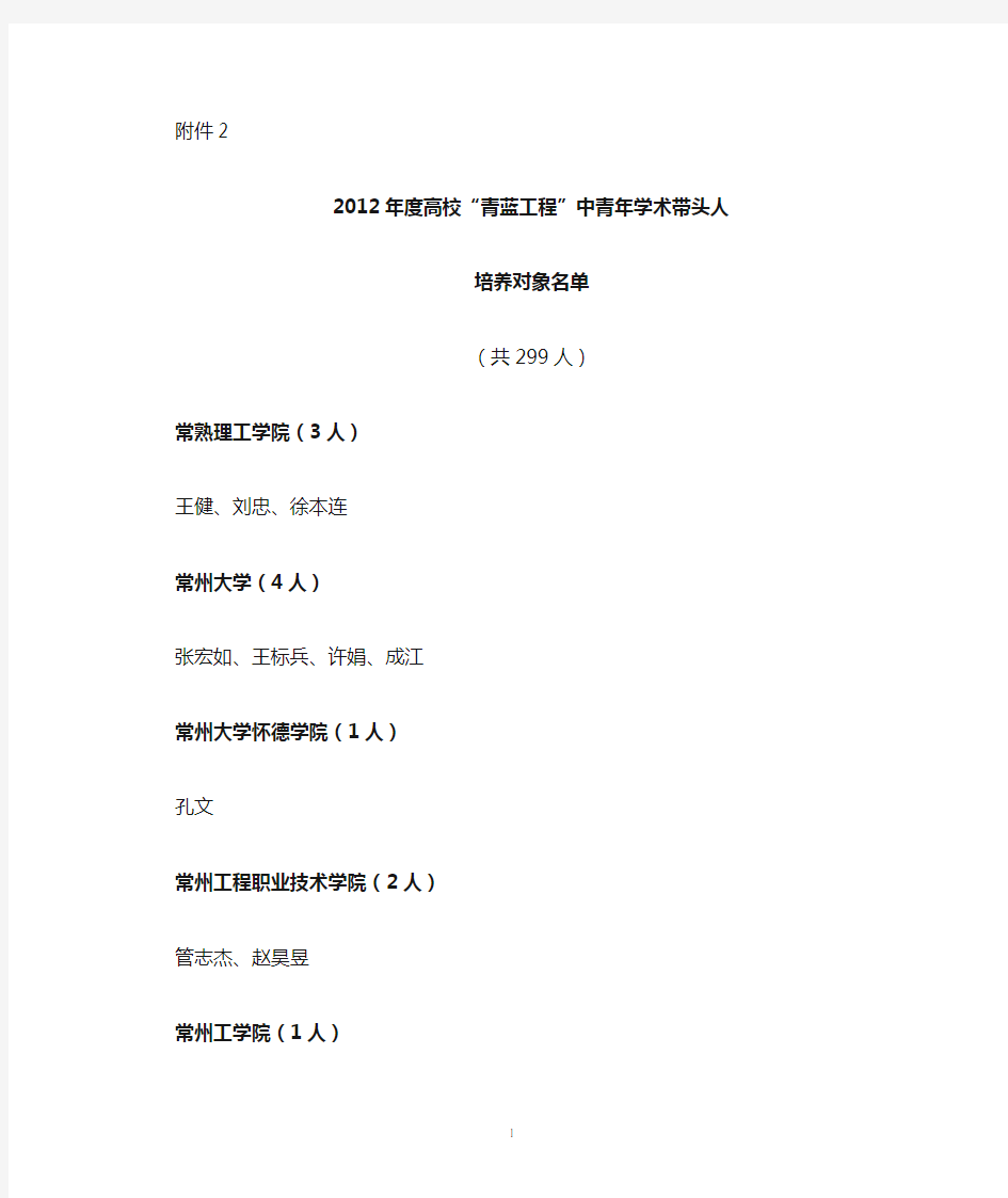 2012年度江苏高校“青蓝工程”中青年学术带头人培养对象名单