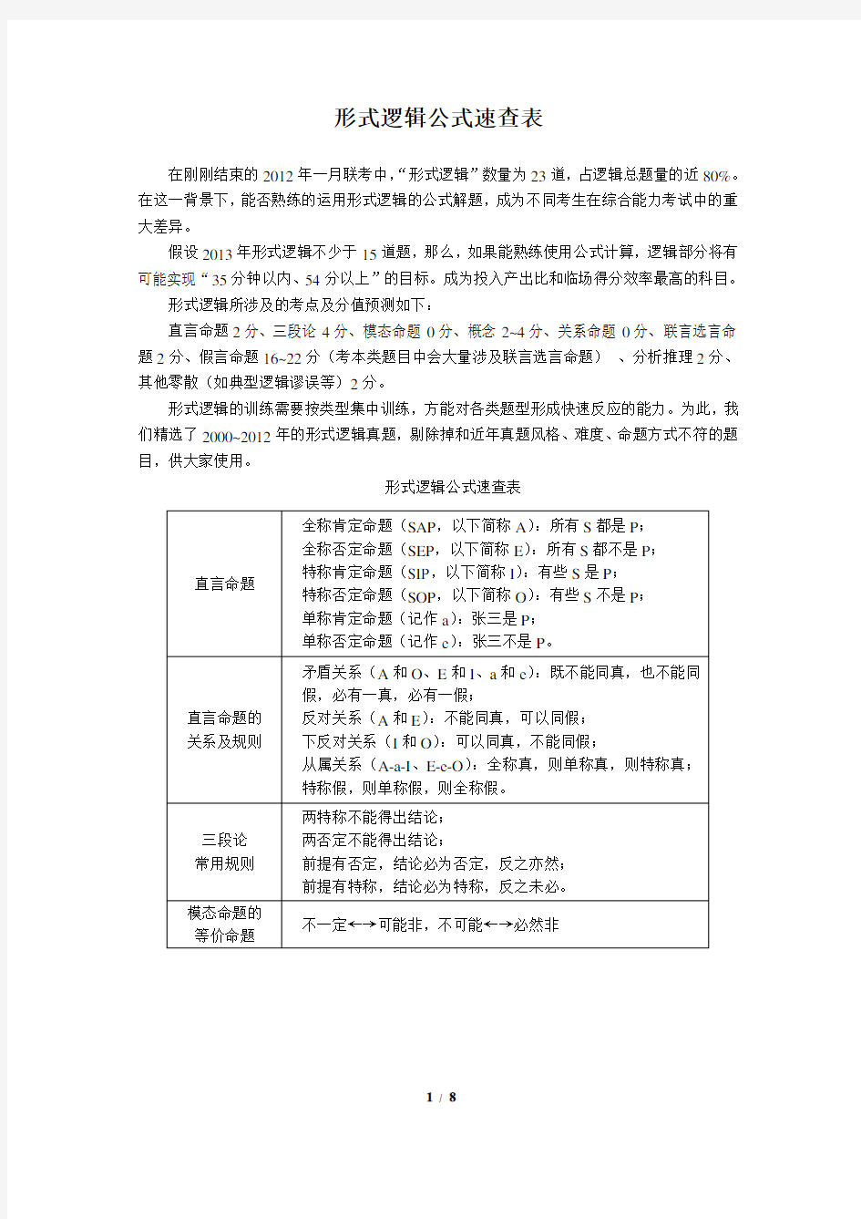 MBA联考形式逻辑公式表