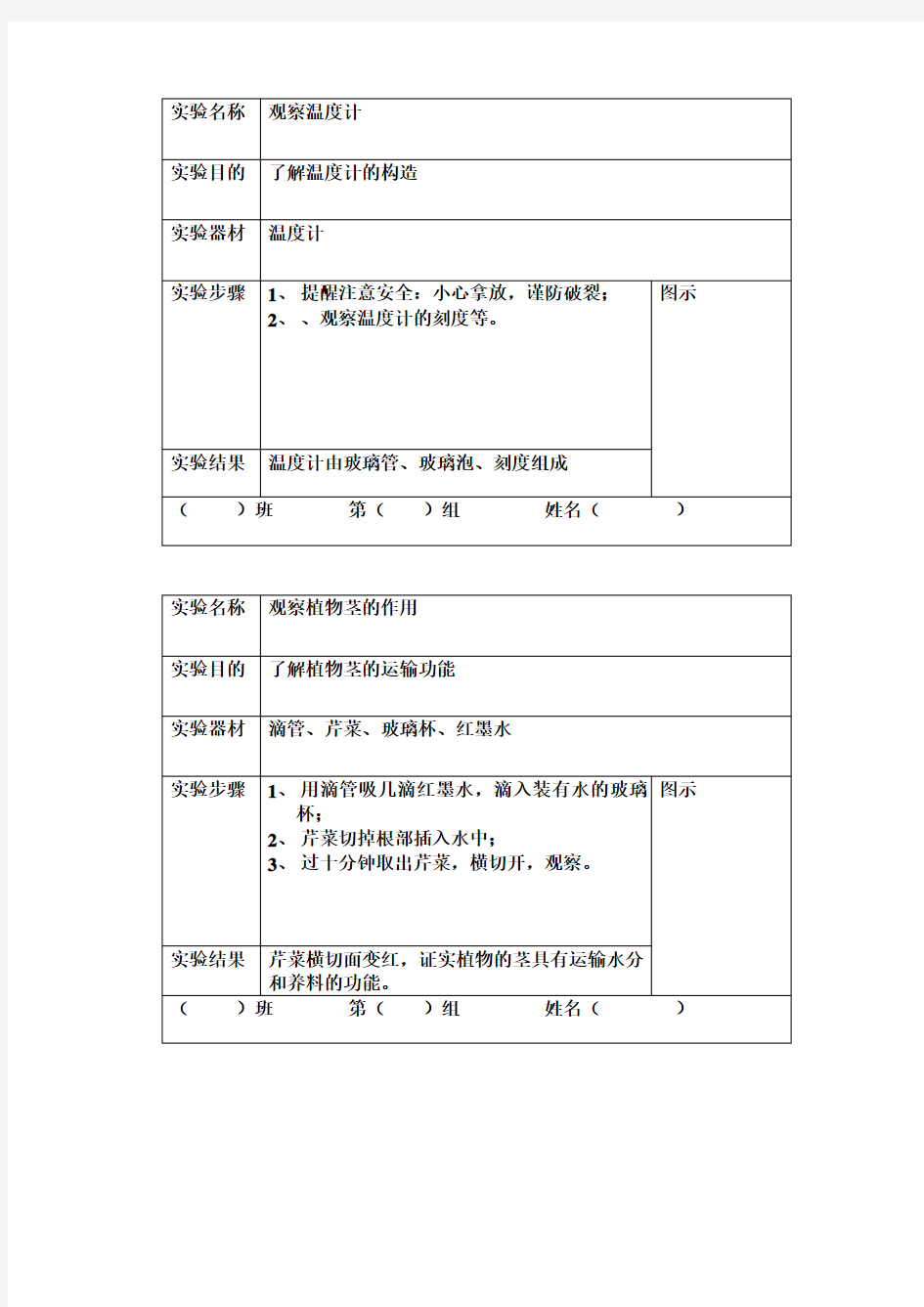 三年级下册科学实验记录