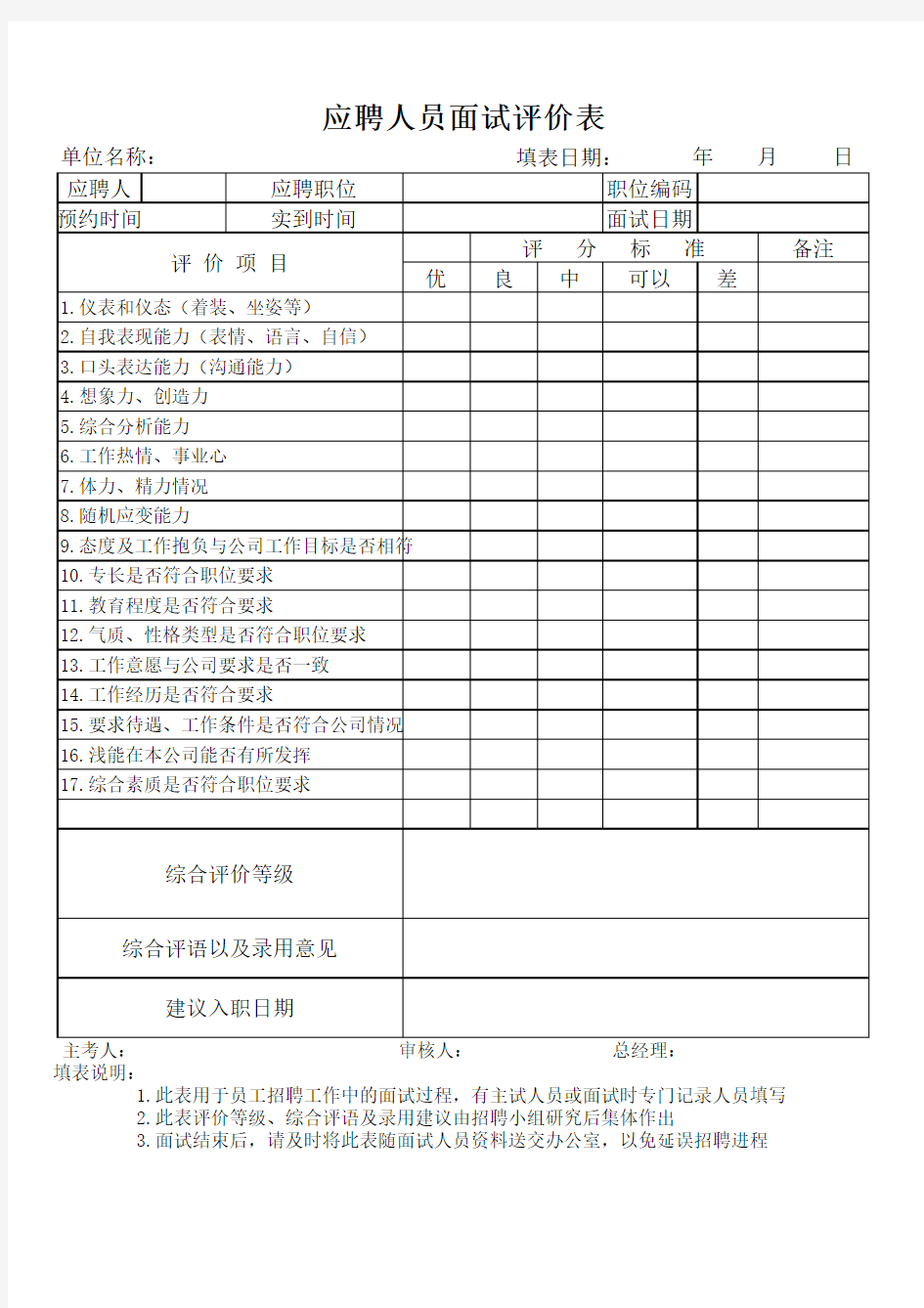 应聘人员面试评价表