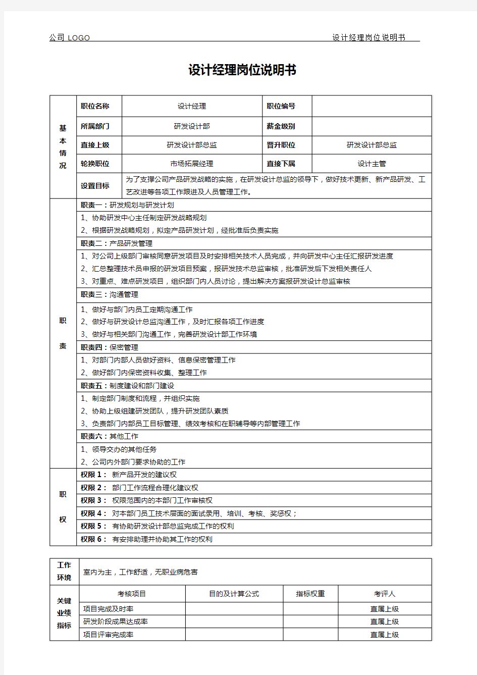 设计部经理岗位说明书