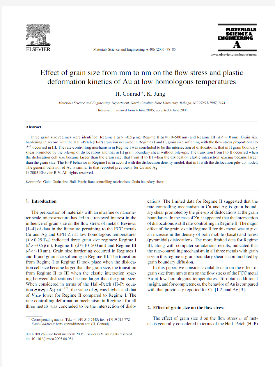 Effect of grain size from mm to nm on the flow stress and plastic deformation kinetics of Au at low