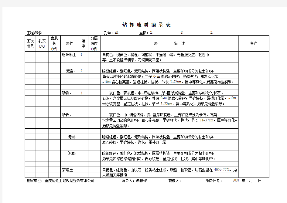 钻探地质编录表模板