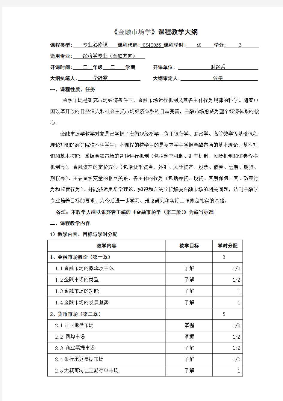 金融市场学教学大纲(08经济学适用)