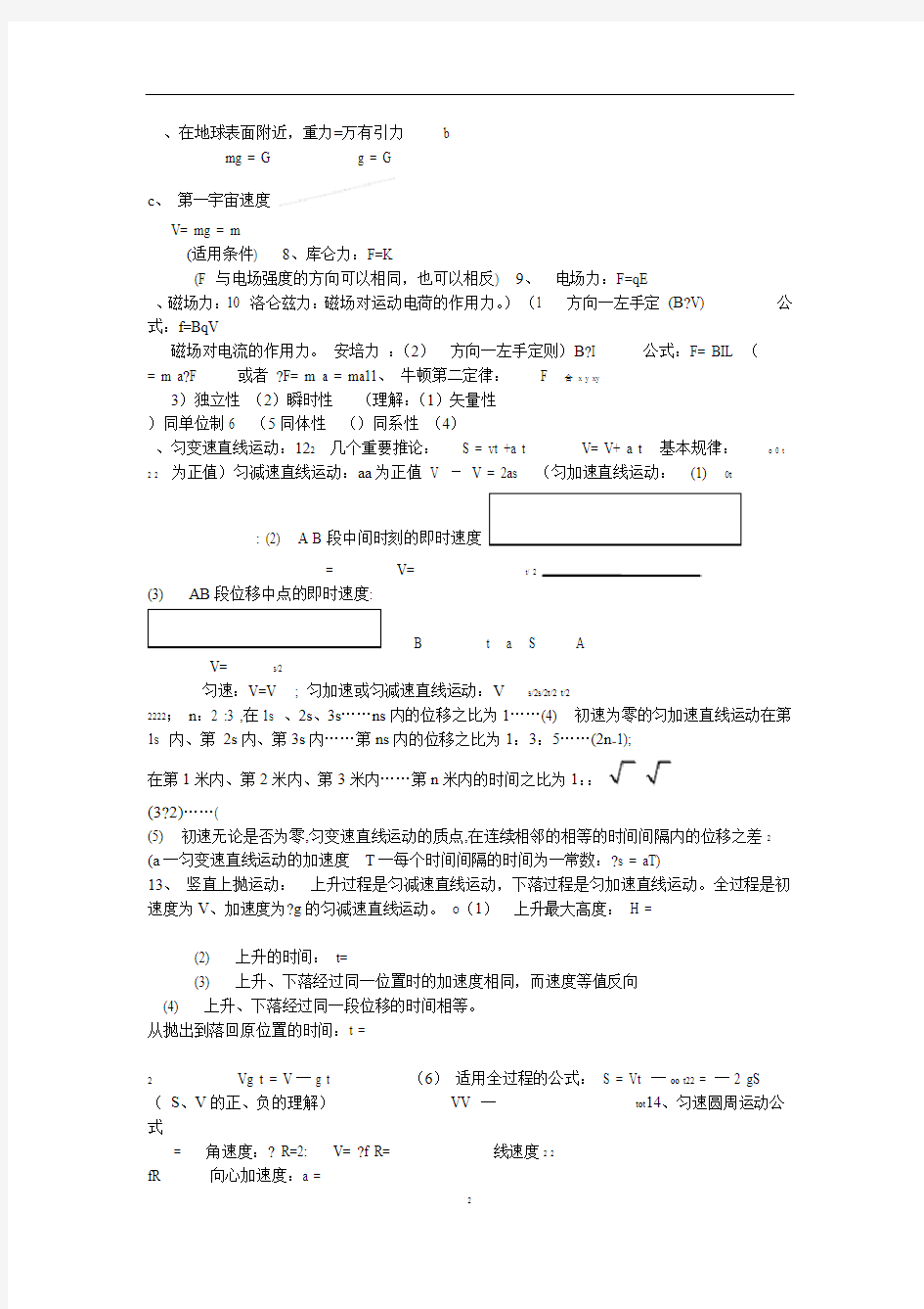 2018届高考物理公式知识点完全整理