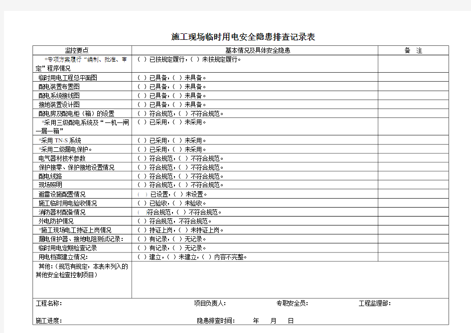 施工现场临时用电安全隐患排查记录表