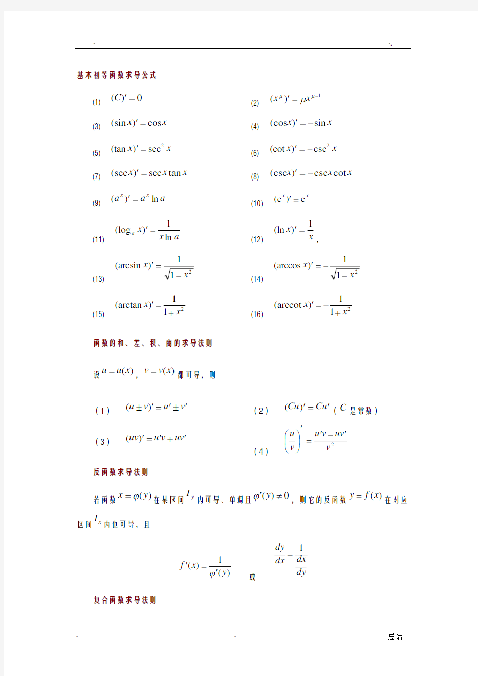 常用基本初等函数求导公式积分公式
