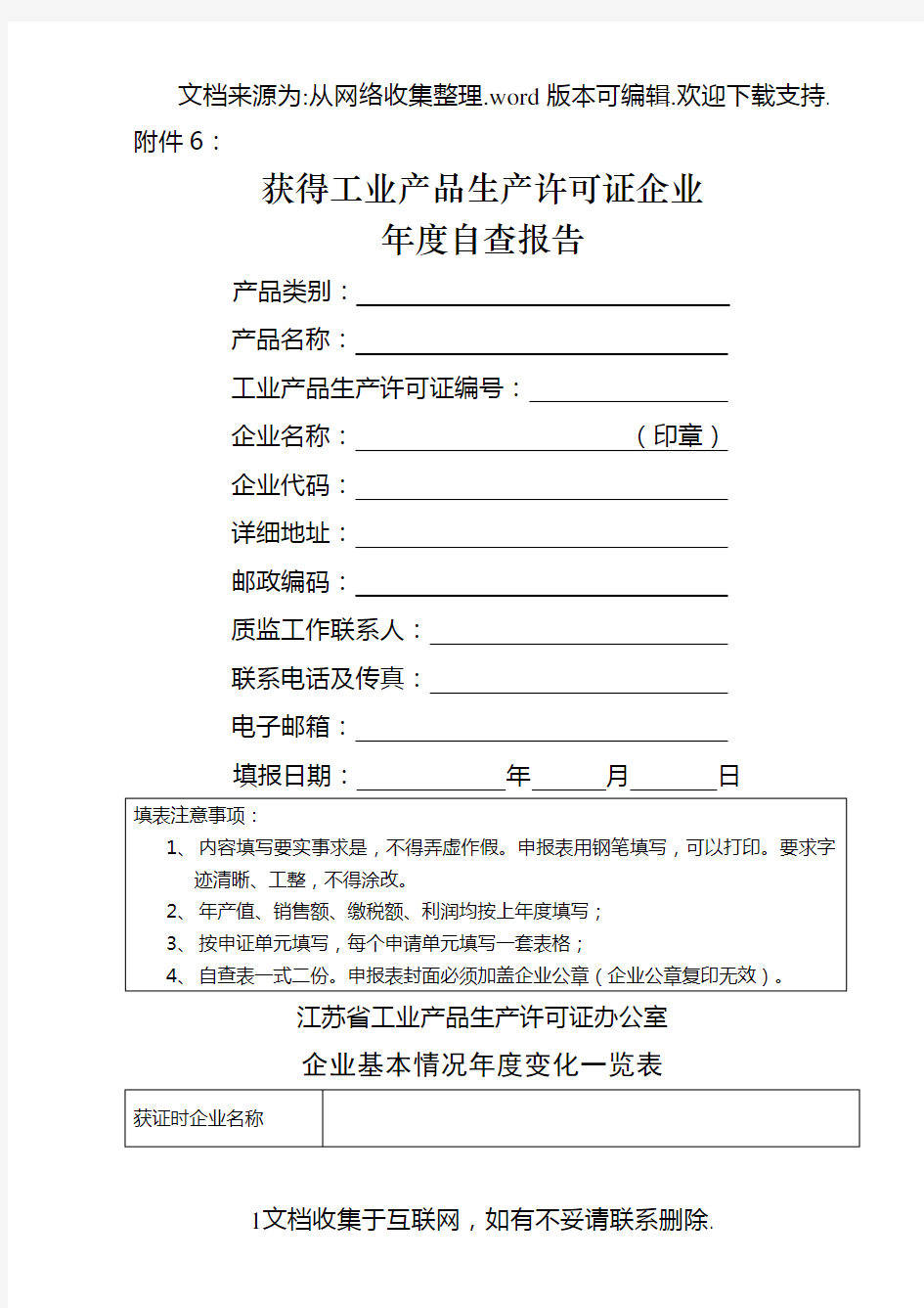 获得工业产品生产许可证企业年度自查报告